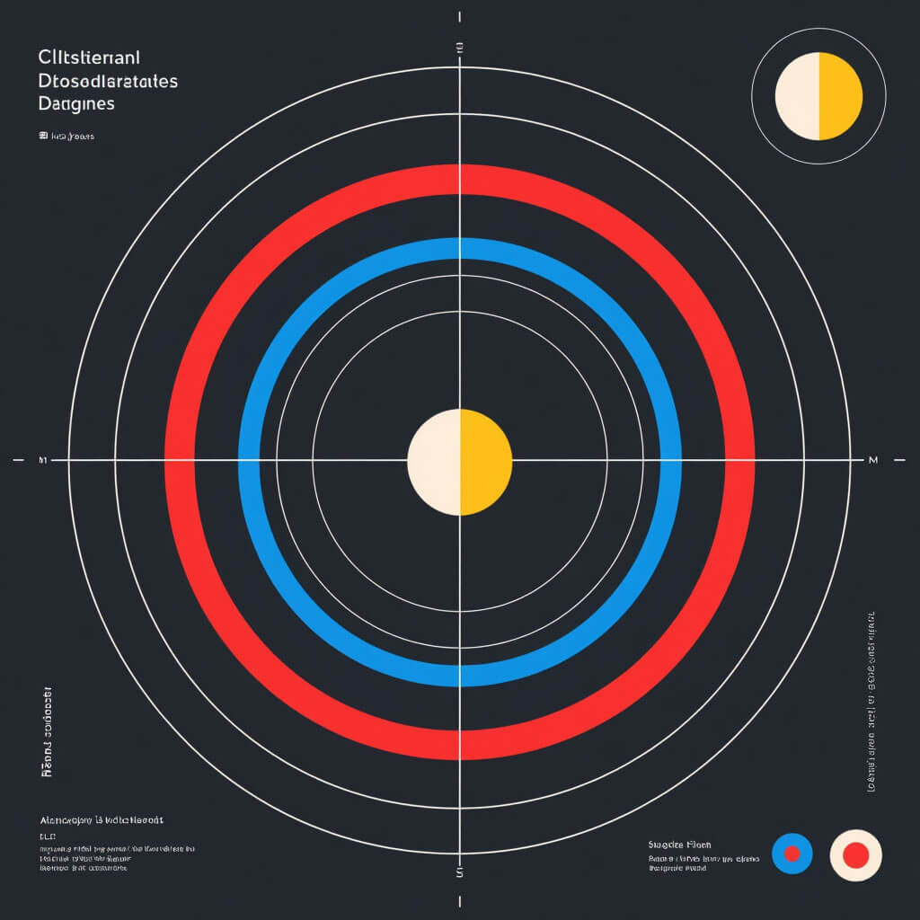 Abstrakte Darstellung planetarischer Zyklen mit konzentrischen Kreisen, Zeitachsen und modularen Markierungen auf dunklem Hintergrund; inspiriert von wissenschaftlichen Diagrammen, im Bauhaus-orientierten Structural-Design mit Akzenten in Rot, Blau und Gelb